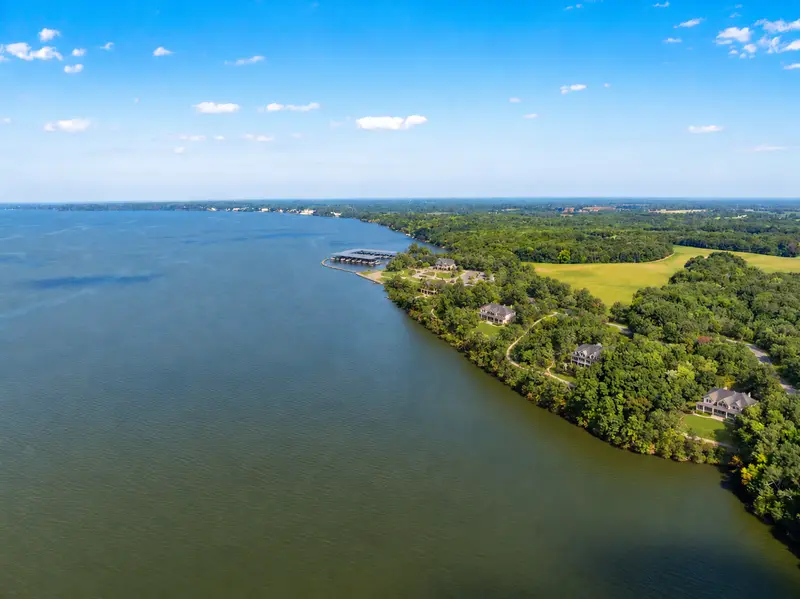 Artist's concept: estate homes set back along the wooded shoreline, with a shared community dock