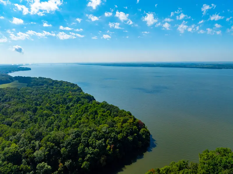 Wooded shoreline on a wide stretch of the lake