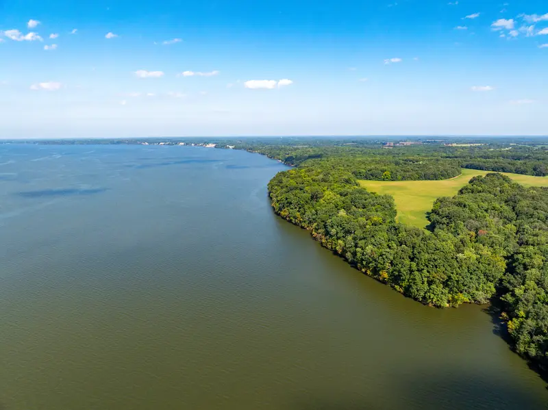 Wooded shoreline along the wide lake today